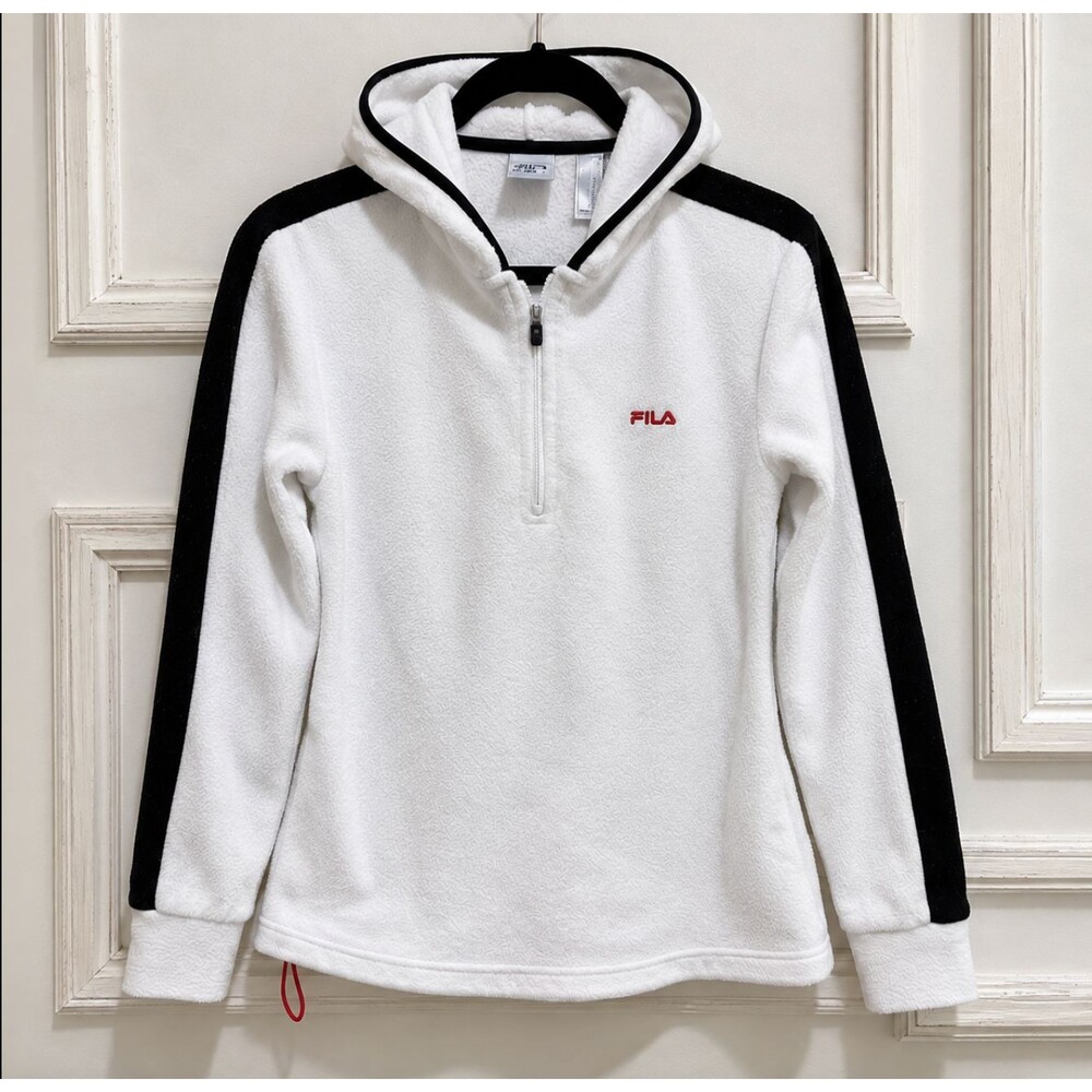 FILA Women's Fleece Pullover Hoodie White Black Stripe 1/4 Zip M Athletic Jacket